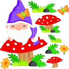 Gnome and Mushrooms Illustration Vector Clipart