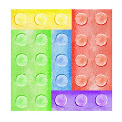 Watercolor illustration of 6 types of color plastic building bricks