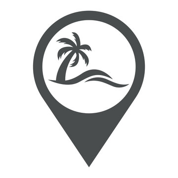 recommend clip art: Beach holidays. Destino de vacaciones. Icono plano silueta de la palma con olas en puntero de posición color gris