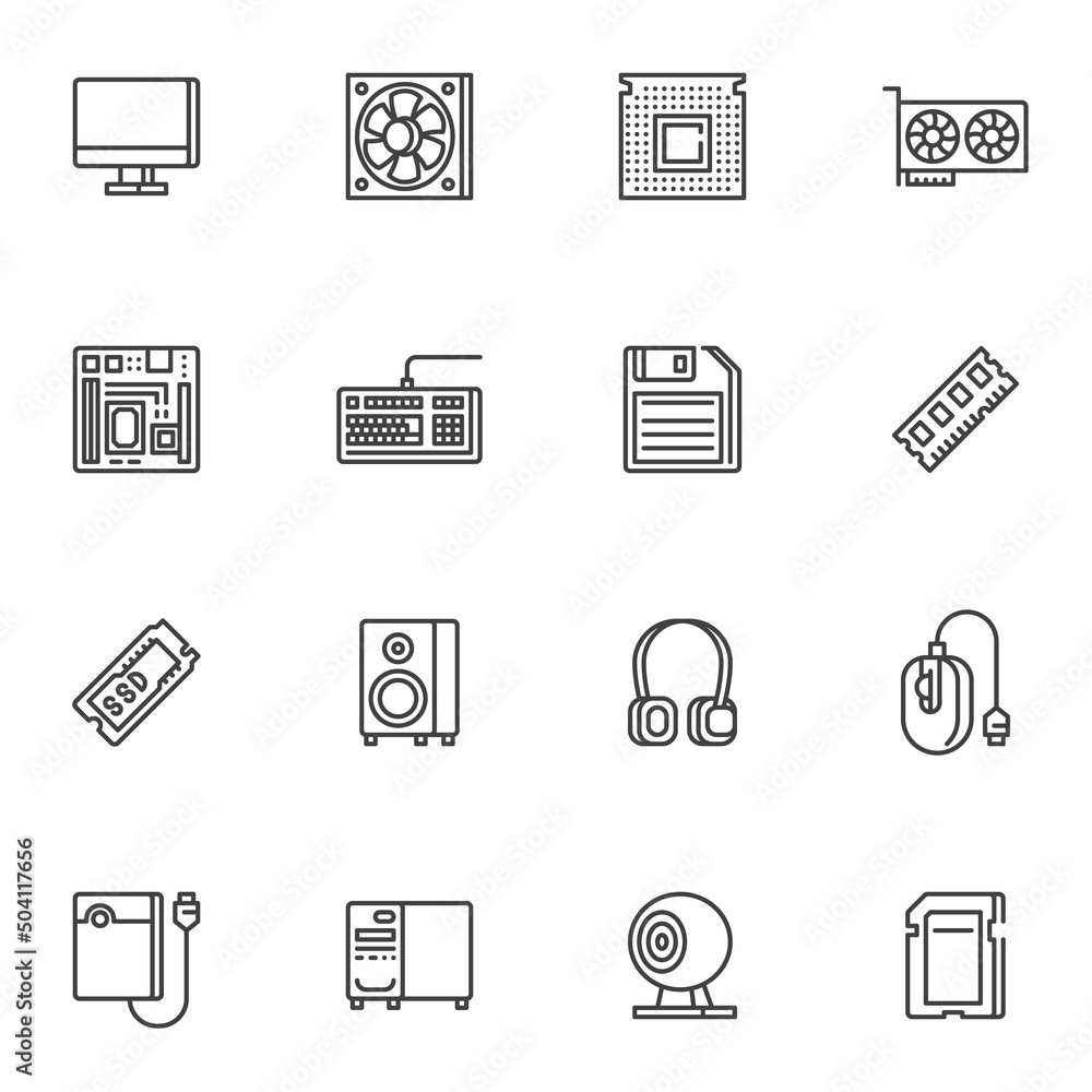 Poster computer component line icons set