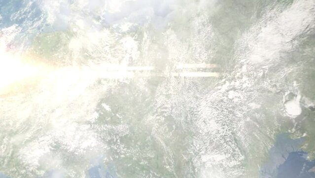 Earth zoom in from outer space to city. Zooming on Bytom, Poland. The animation continues by zoom out through clouds and atmosphere into space. Images from NASA