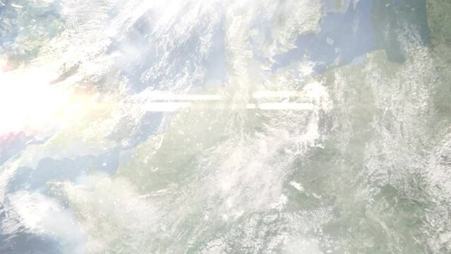 Earth zoom in from outer space to city. Zooming on Gutersloh, Germany. The animation continues by zoom out through clouds and atmosphere into space. Images from NASA