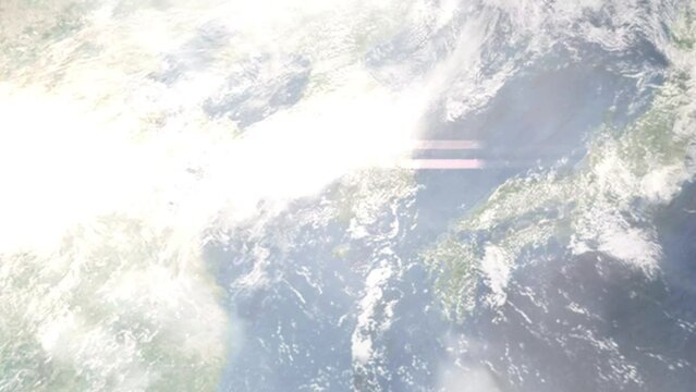 Earth zoom in from outer space to city. Zooming on Gwangju, South Korea. The animation continues by zoom out through clouds and atmosphere into space. Images from NASA