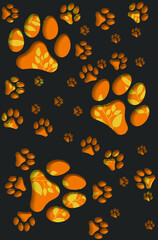 Dog footprints in the papercut style on the dark grey background