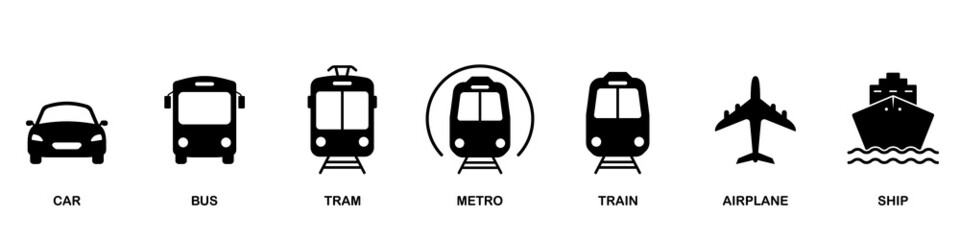 Air, Auto, Railway Transport Silhouette Icon Set. Stop Station Sign for Public Transport Glyph Pictogram. Car, Bus, Tram, Train, Metro, Plane, Ship Icon in Front View. Isolated Vector Illustration - obrazy, fototapety, plakaty