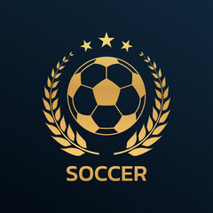Obraz premium Soccer logo. Football club or team emblem, badge, icon design with a ball and laurel wreath. Sport tournament, league, championship label. Vector illustration.