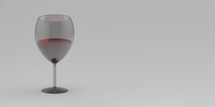 glass goblet with wine on gray background. glass of wine. Banner for insertion into site. Horizontal image. 3d rendering. 3d drawing.