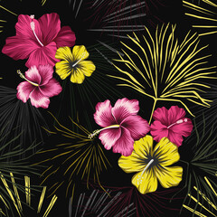 Tropical vintage exotic hibiscus flower, palm leaves floral seamless pattern black background. Hawaiian jungle wallpaper.
