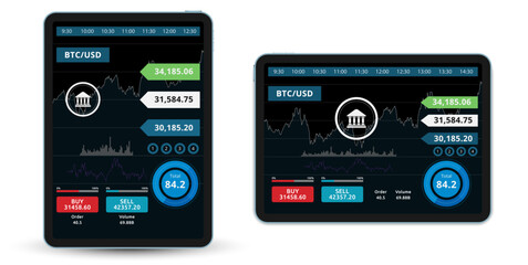 HUD or UI Crypto currenty trading application. Set of interface application vertical and horizontal form. Design element.  White background. Flat design.