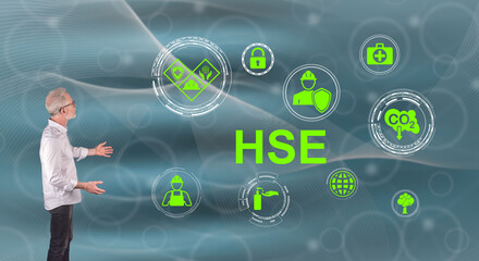 A hse concept explained by a businessman on a wall screen