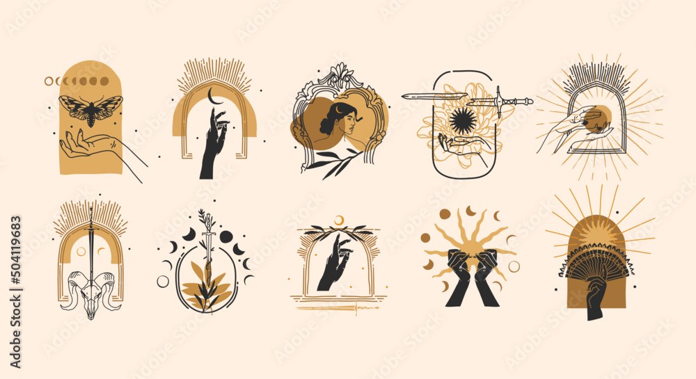 Wall mural hand drawn vector abstract graphic illustration with logo elements collection bundle set,magic line 