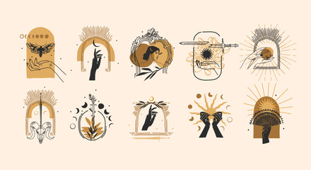 Hand drawn vector abstract graphic illustration with logo elements collection bundle set,magic line art of crescent,moon and human hands black silhouettes,isolated,Minimalist feminine astrology.