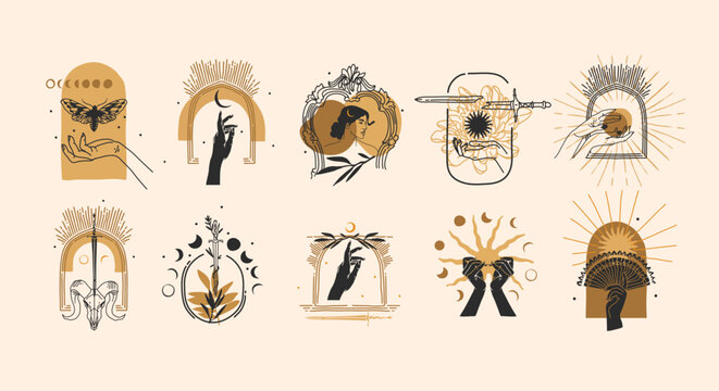 Hand drawn vector abstract graphic illustration with logo elements collection bundle set,magic line art of crescent,moon and human hands black silhouettes,isolated,Minimalist feminine astrology.