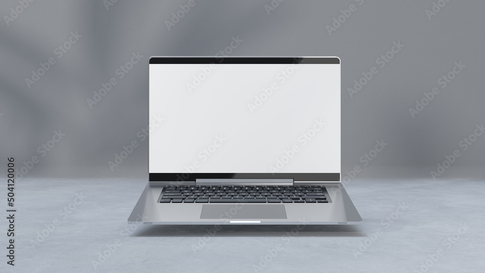 Poster empty display laptop with decoration minimal. shadow from tree on cement floor. mock-up computer and