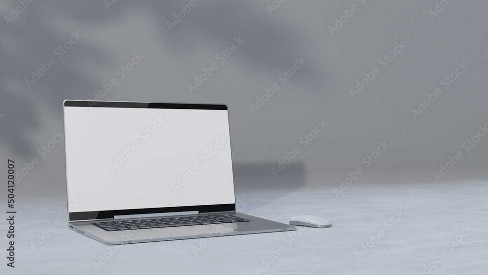 Aufkleber empty display laptop with decoration minimal. shadow from tree on cement floor. mock-up computer and