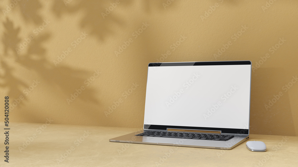 Aufkleber empty display laptop with decoration minimal. shadow from tree on cement floor. mock-up computer and