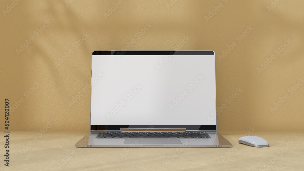 Aufkleber empty display laptop with decoration minimal. shadow from tree and window on cement floor. mock-up c