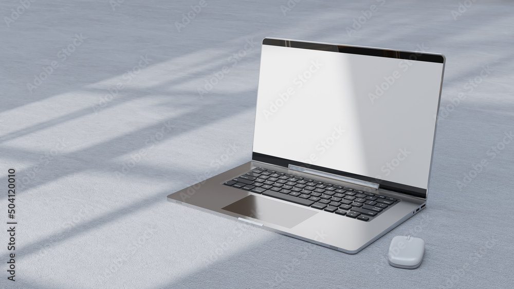 Poster empty display laptop with decoration minimal. shadow from tree and window on cement floor. mock-up c