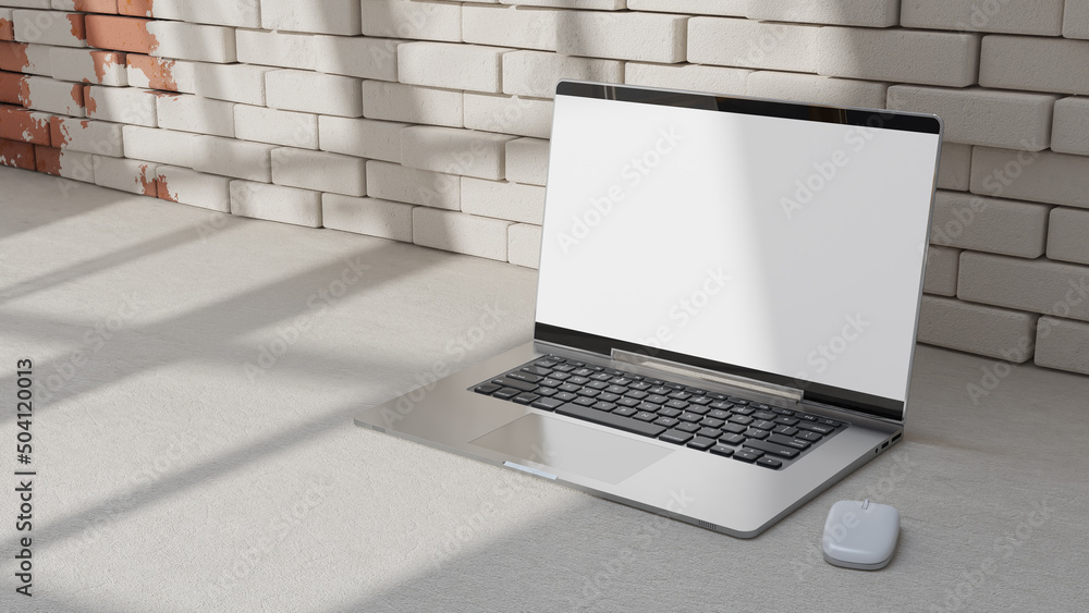 Poster empty display laptop with decoration minimal. shadow from window on brick wall and cement floor. moc