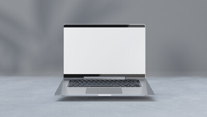 Empty display laptop with decoration minimal. Shadow from tree on cement floor. Mock-up computer and minimalism concept, 3D Render.