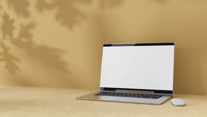 Empty display laptop with decoration minimal. Shadow from tree on cement floor. Mock-up computer and minimalism concept, 3D Render.