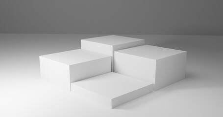 Generic product display presentation. Four white cube pedestal podium. Minimal scene. Isometric view. Abstract background. 3d render illustration