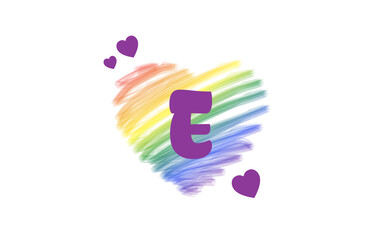 E Heart Letter Logo Design with Rainbow Color Brush Stroke Paint, Vector Illustration.