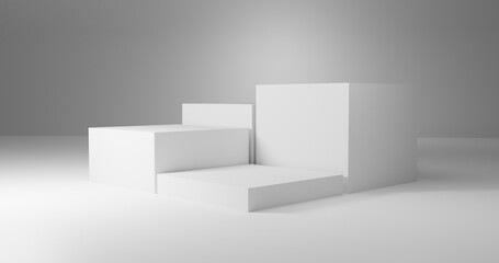 Generic product display presentation. Four white cube pedestal podium. Minimal scene. Abstract background. 3d render illustration