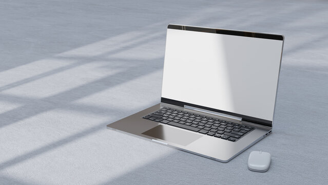Empty display laptop with decoration minimal. Shadow from tree and window on cement floor. Mock-up computer and minimalism concept, 3D Render.