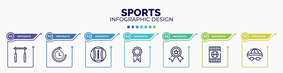 infographic for sports concept. vector infographic template with icons and 7 option or steps. included horizontal bar, routine, medicine ball, first place, first prize, blue card, swimming hat