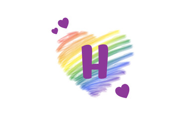 H Heart Letter Logo Design with Rainbow Color Brush Stroke Paint, Vector Illustration.