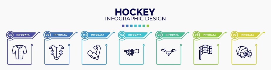 infographic for hockey concept. vector infographic template with icons and 7 option or steps. included baseball jersey, chest protection, muscular, ets, handlebar, race flag, hockey helmet editable
