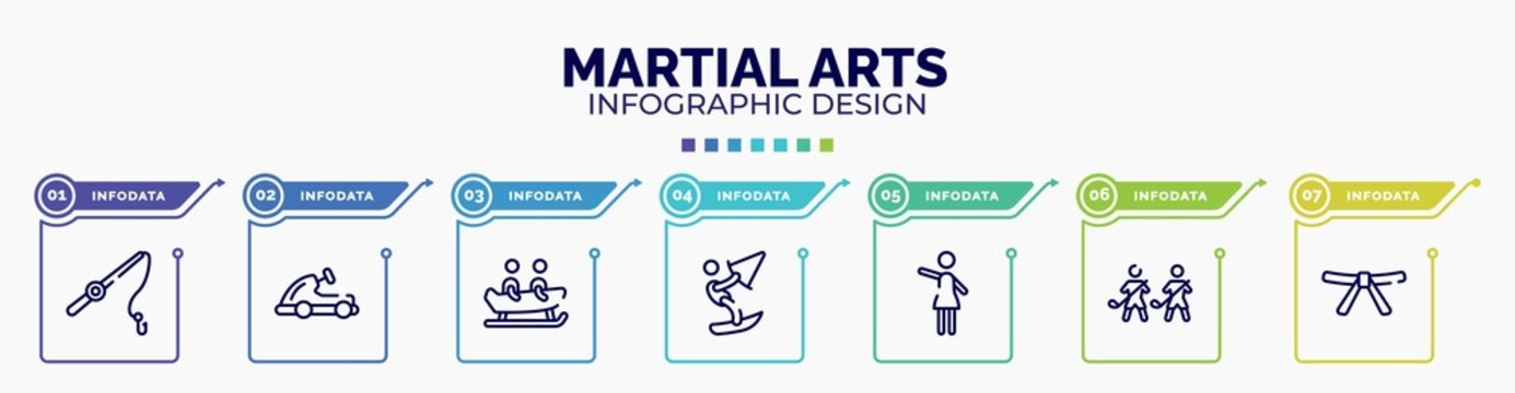 infographic for martial arts concept. vector infographic template with icons and 7 option or steps. included fishing line, go kart, bobsledding, kitesurf, hostess, home team, black belt editable