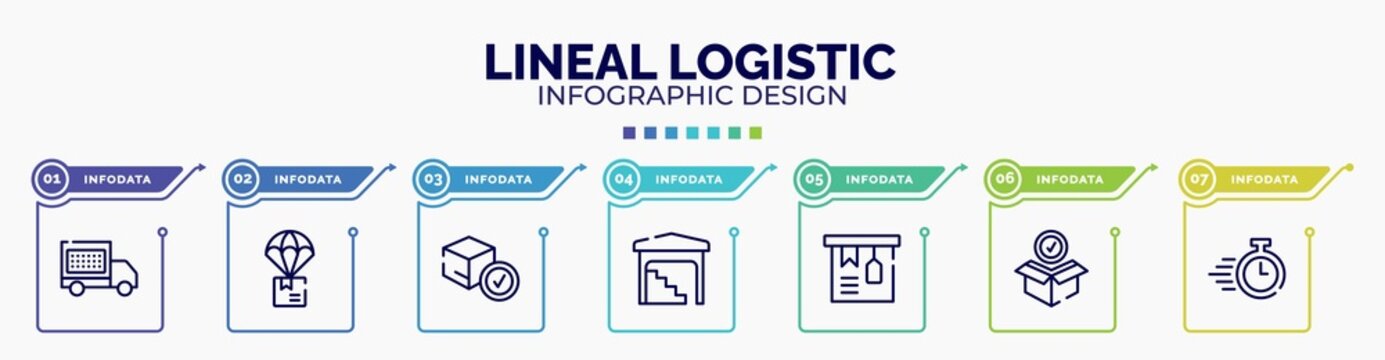 infographic for lineal logistic concept. vector infographic template with icons and 7 option or steps. included delivery date, parachute box, delivered box verification, stack in depot, tagged