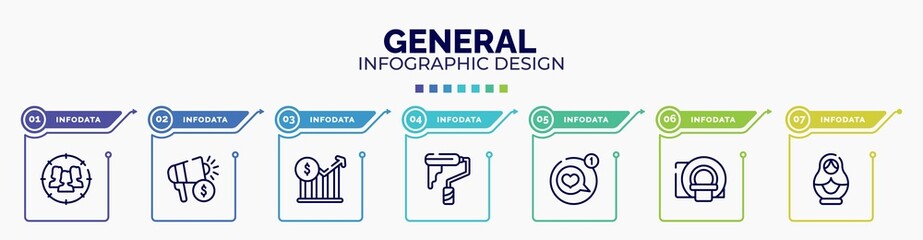 infographic for general concept. vector infographic template with icons and 7 option or steps. included team target, marketing budget, stock prices, painting work, message app, mri scanner,