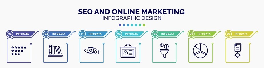 infographic for seo and online marketing concept. vector infographic template with icons and 7 option or steps. included ratings, calibre, views, credential, conversion, charts, sharing archives