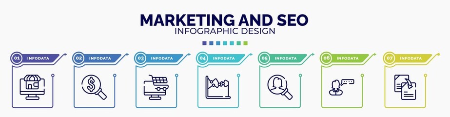infographic for marketing and seo concept. vector infographic template with icons and 7 option or steps. included web shop, currency search, e commerce, dual chart, person search, user review,