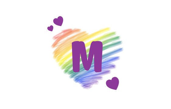 M Heart Letter Logo Design with Rainbow Color Brush Stroke Paint, Vector Illustration.