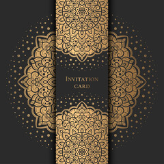 Black invitation card design with pattern and decorative golden elements. Luxury vector template. Great for flyer, menu, brochure, postcard, background, wallpaper, decoration or any desired idea.