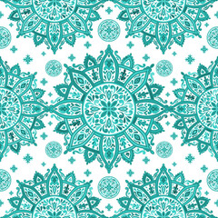 White and turquoise seamless pattern with mandala ornament. Traditional Arabic, Indian motifs. Great for fabric and textile, wallpaper, packaging or any desired idea.