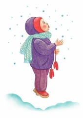 Fototapeta premium Watercolor illustration. Cute little baby catches snowflakes with his tongue. Winter, month of December. Vector on an isolated background.