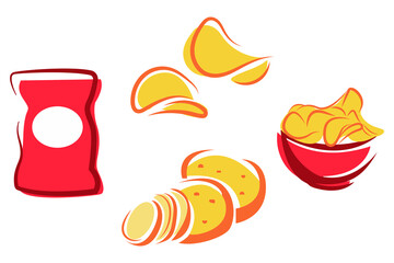 Vector collection of potato chips, packaging. Quick bite, delicious food. Colored flat illustration.