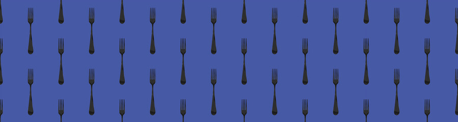 pattern. Fork top view on blue purple background. Template for applying to surface. Flat lay. Banner for insertion into site. Horizontal image. 3D image. 3D rendering.