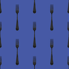 Seamless pattern. Fork top view on blue purple background. Template for applying to surface. Flat lay. 3D image. 3D rendering.