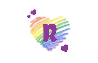 R Heart Letter Logo Design with Rainbow Color Brush Stroke Paint, Vector Illustration.