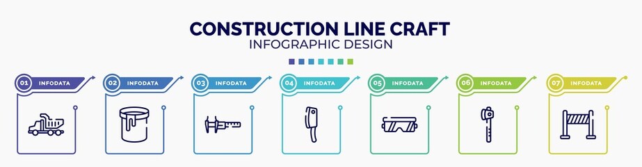 infographic for construction line craft concept. vector infographic template with icons and 7 option or steps. included tipper truck, paint can open, calipers, cleaver, protection glasses, wood