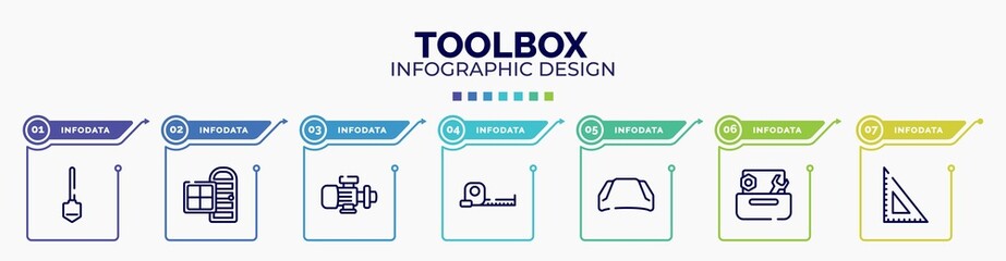 infographic for toolbox concept. vector infographic template with icons and 7 option or steps. included working shovel, door and window, pump, open scale, hood, wrench and nut, null editable vector.