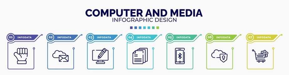 infographic for computer and media concept. vector infographic template with icons and 7 option or steps. included clenched fist, internet mail, screen with pencil, , protected on internet,