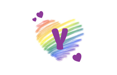 Y Heart Letter Logo Design with Rainbow Color Brush Stroke Paint, Vector Illustration.