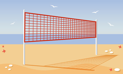 beach volleyball and net on a sand beach with bring sea sky background. Flat vector illustration of beachvolley